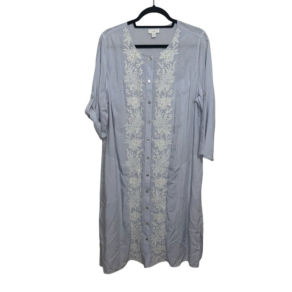 J.Jill Pale Blue Viscose Blend Embroidered Button Down 3/4 Sleeve Dress  Sz L